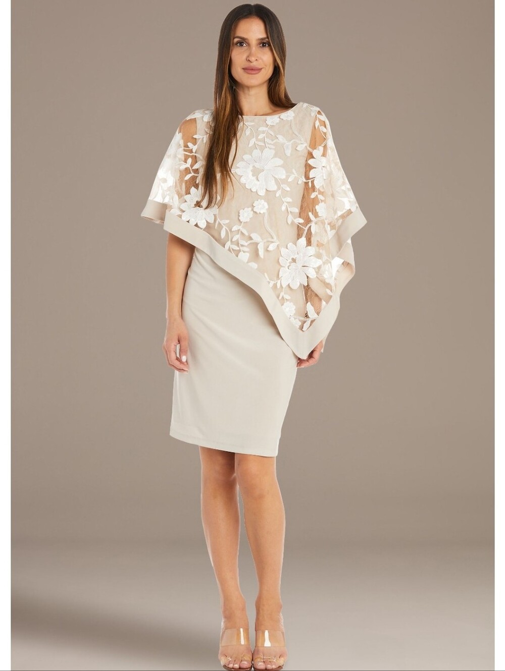 RM Richards Short Sheath Dress with Embroidered Capelet Champagne